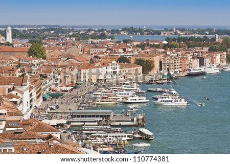 VENICE, ITALY - MAY 4: Water transport stops at Piazza San Marco on the shore of Lagoon. It stops all types of water transport (vaporetto, taxis and gondola) in Venice. Venice, Italy, May 4, 2012