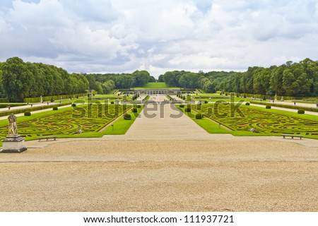 Beautiful garden designed by landscape architect Andre le Notre. Chateau de Vaux-le-Vicomte (1661) - baroque French Palace located in Maincy, near Melun, in Seine-et-Marne department of France.
