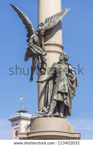 Adam Mickiewicz Monument in Lviv, Ukraine. Lviv is a city in western Ukraine - Capital of historical region of Galicia. Lviv historic city centre is on the UNESCO World Heritage List.
