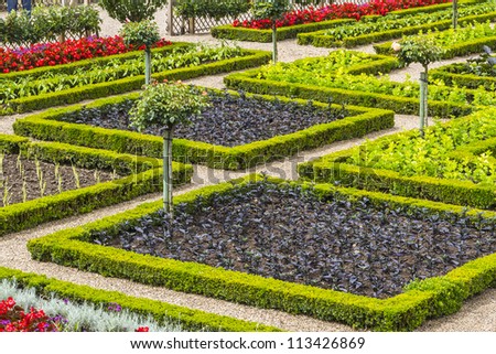 Traditional french garden. Ornamental Garden. Chateau de Villandry is a castle-palace located in Villandry, in department of Indre-et-Loire, France. He is a world known for its amazing gardens.
