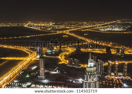 Night view of Dubai from Burj Khalifa. Dubai, United Arab Emirates