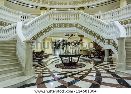 DUBAI, UAE - SEPTEMBER 29: Kempinski Hotel and Residences (129 luxury suites, penthouses and villas) on man-made island of Palm Jumeirah at September 29, 2012 in Dubai, United Arab Emirates. Interior.