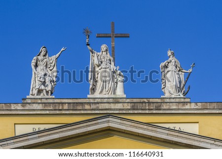 Sculpture on top of the Basilica. The Cathedral or basilica of Eger - this is the third largest Catholic Church in Hungary. It was built between 1831 - 1837 in classicist designs by Joseph Hild.