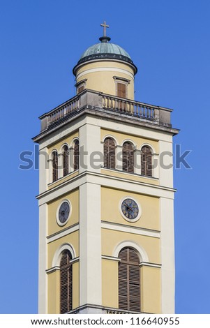 Belfry of Cathedral of Eger. The Cathedral or basilica of Eger - this is the third largest Catholic Church in Hungary. It was built between 1831 - 1837 in classicist designs by Joseph Hild.