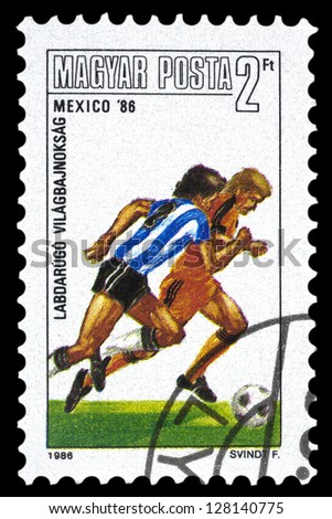HUNGARY - CIRCA 1986: A stamp printed in Hungary, shows football players, with inscription and name of series \