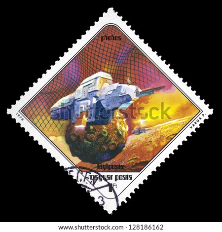 HUNGARY - CIRCA 1978: A stamp printed in Hungary shows Paintings Spaceship near Phobos, with the same inscription, from the series \