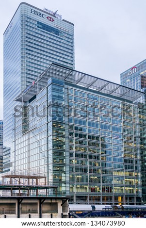 LONDON, UK - March 17: HSBC UK Head Quarter on March 17, 2013 in London, UK. HSBC\'s World Head Quarters based in Canary Wharf is the world\'s third-largest bank and sixth-largest public company.