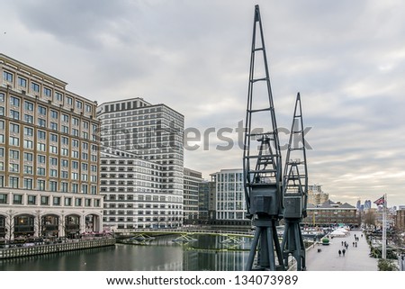 LONDON, UK - March 17: Canary Wharf, located in West India Docks on Isle of Dogs - formed part of busiest port in world, is a major business district (1,300,000 sqm) in London on March 17, 2013, UK