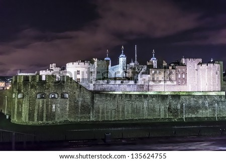 The medieval prison the Tower of London at night. London, Great Britain