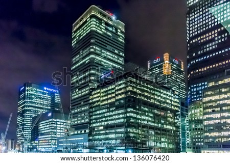 London, Uk - March 17: Hsbc Uk Head Quarter At Night On March 17, 2013 In London, Uk. Hsbc\'S World Head Quarters Based In Canary Wharf Is World\'S Third-Largest Bank And Sixth-Largest Public Company.