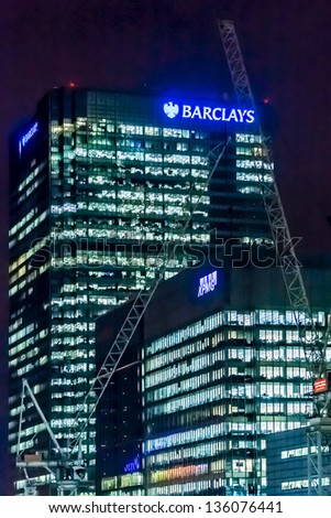 London, Uk - March 17: Barclays Head Quarter On March 17, 2013, Canary Wharf, London, Uk. Barclays - British Multinational Banking And Financial Services Company - Fourth-Largest Of Any Bank Worldwide