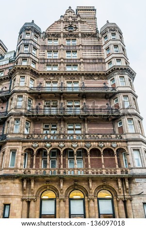 LONDON, UK - March 17: Famous Four star Hotel Russell on Russell Square, on March 17, 2013 in London, UK. Hotel Russell was built in 1898 by Charles Fitzroy Doll in style \