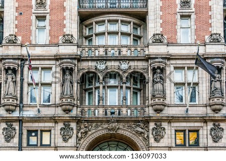 LONDON, UK - MARCH 17: Famous Four star Hotel Russell on Russell Square, on March 17, 2013 in London, UK. Hotel Russell was built in 1898 by Charles Fitzroy Doll in style \