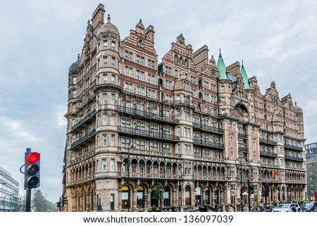 LONDON, UK - MARCH 17: Famous Four star Hotel Russell on Russell Square, on March 17, 2013 in London, UK. Hotel Russell was built in 1898 by Charles Fitzroy Doll in style \