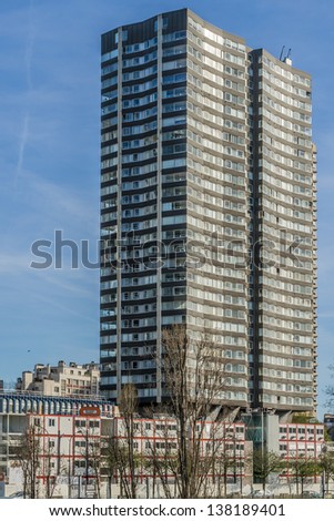 PARIS - MAR 18: High-rise buildings (commercial and residential) in Front de Seine (Beaugrenelle) - district in Paris, located along river Seine right at South of Eiffel Tower on March 18, 2013, Paris