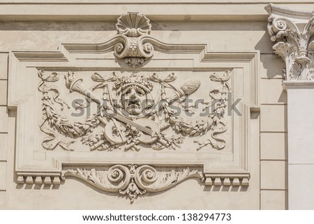 Bas-relief on facade of Lviv State Academic Opera and Ballet Theatre. Theatre was built in classical tradition of Renaissance and Baroque architecture (Viennese neo-Renaissance style). Ukraine.