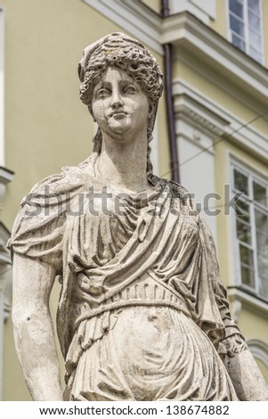 An ancient statue of Diana in the central square of Lviv - Market (Rynok) Square near City Hall. Lviv - city in western Ukraine, capital of historical region Galicia