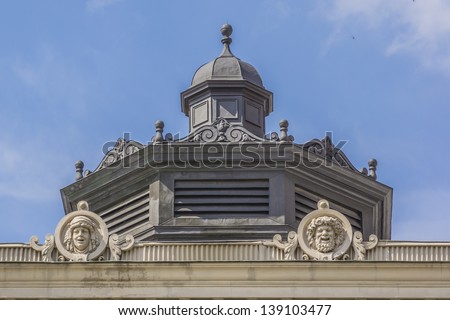Architectural fragments of Lviv State Academic Opera and Ballet Theatre, view from Liberty Avenue. Theatre was built in classical tradition of Renaissance and Baroque architecture. Ukraine.