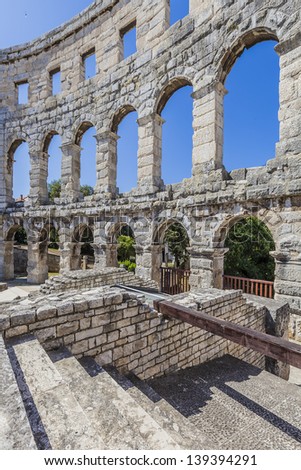 Ruins of Roman amphitheatre (Arena) in Pula. It was constructed in 27 BC - 68 AD and is among six largest surviving Roman arenas in the World. Pula Arena is best preserved ancient monument in Croatia.