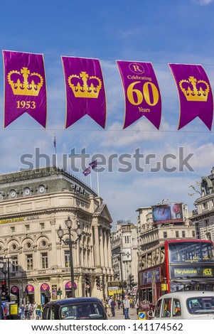 LONDON - JUNE 04: London decorated with celebratory flags on the occasion of 60 Anniversary of Coronation of Queen Elizabeth on June 04, 2013 in London