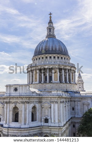Close up of the magnificent St. Paul Cathedral Dome in London. It sits at top of Ludgate Hill - highest point in City of London. Cathedral was built by Christopher Wren between 1675 and 1711.