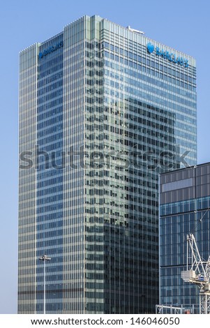 LONDON, UK - MAY 30: Barclays Head Quarter on May 30, 2013, Canary Wharf, London, UK. Barclays - British multinational banking and financial services company - fourth-largest of any bank worldwide