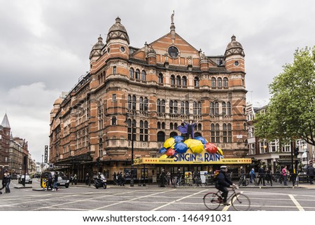 LONDON - MAY 28: Outside view of Palace Theatre (1891, design by Thomas Edward Collcutt), West End theatre, located on Cambridge Circus, City of Westminster, on May 28, 2013, London, UK.