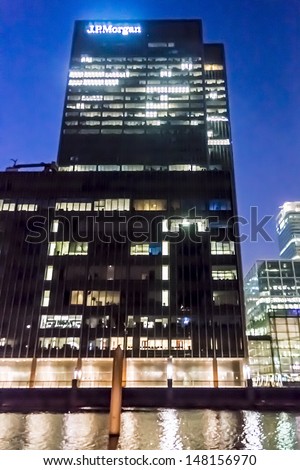 LONDON, UK - MAR 17: JPMorgan Chase & Co. European Head Quarter at night at Canary Wharf on March 17, 2013 in London. JPMorgan Chase & Co. - second-largest American multinational bank by assets.