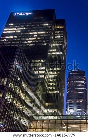 LONDON, UK - MAR 17: JPMorgan Chase & Co. European Head Quarter at night at Canary Wharf on March 17, 2013 in London. JPMorgan Chase & Co. - second-largest American multinational bank by assets.
