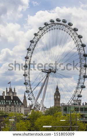 LONDON - MAY 25: View of the London Eye on May 25, 2013 in London, England. London Eye (135 m tall, diameter of 120 m) - a famous tourist attraction over river Thames in the capital city London.
