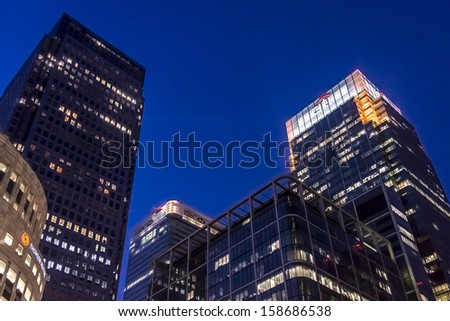 LONDON, UK - MAY 26, 2013: Citi Head Quarter in UK based in Canary Wharf at night. Citi - American financial corporation, with world's largest financial network, spanning 140 countries.