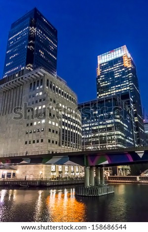 LONDON, UK - MAY 26, 2013: Citi Head Quarter in UK based in Canary Wharf at night. Citi - American financial corporation, with world\'s largest financial network, spanning 140 countries.