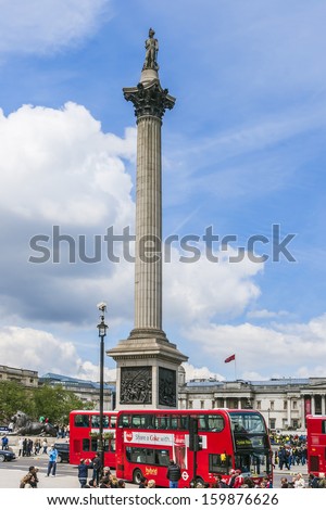LONDON, UK - MAY 25, 2013 : View of Nelson Column in Trafalgar Square. Monument built to commemorate Admiral Horatio Nelson, who died at Battle of Trafalgar in 1805.