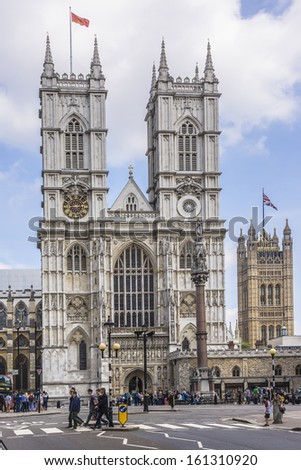 LONDON - MAY 31, 2013: View of front side of Westminster Abbey (Collegiate Church of St Peter at Westminster). Westminster - traditional place of coronation of English monarchs.