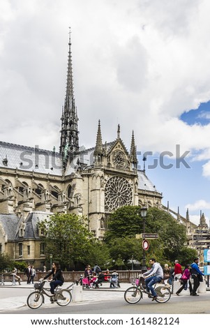 PARIS - JULY 14, 2012: View of Cathedral Notre Dame de Paris - a most famous Gothic, Roman Catholic cathedral (1163 - 1345) on the eastern half of the Cite Island. France, Europe.