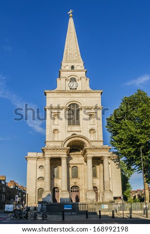 Christ Church Spitalfields - an Anglican church built between 1714 and 1729, design by Nicholas Hawksmoor. Situated on Commercial Street in London Borough of Tower Hamlets.