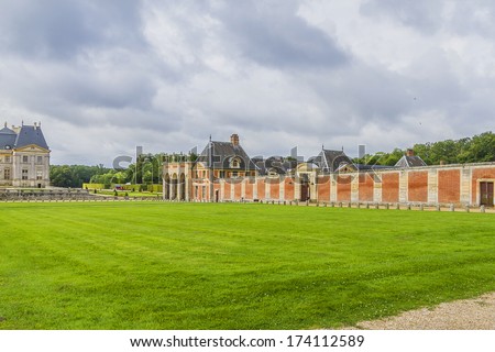 Chateau de Vaux-le-Vicomte (1661) - baroque French Palace located in Maincy, near Melun, in Seine-et-Marne department of France. Outdoor view.