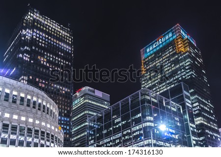 LONDON, UK - MAY 26, 2013: Canary Wharf at night. Canary Wharf is a major business district located in Borough of Tower Hamlets, contains many of UK tallest skyscrapers.