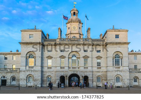 LONDON, UK  SEPTEMBER 1, 2013: Horse Guards building at sunset. It was built 1751 -1753 between Whitehall and Horse Guards Parade in Palladian style by John Vardy and designed by William Kent.