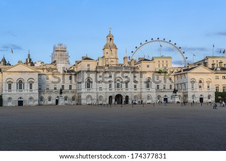 LONDON, UK  SEPTEMBER 1, 2013: Horse Guards building at sunset. It was built 1751 -1753 between Whitehall and Horse Guards Parade in Palladian style by John Vardy and designed by William Kent.