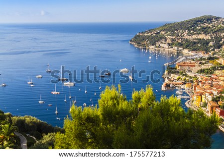 View of Mediterranean luxury resort and bay with yachts. Nice, Cote d\'Azur, France. French Riviera - turquoise sea and perfect recreation.