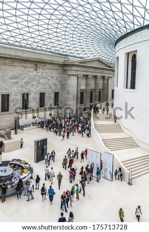 LONDON, UK - AUGUST 18, 2013: People visiting the main court of British Museum - museum of human history and culture and one of the top attractions of London. British Museum was established in 1753.