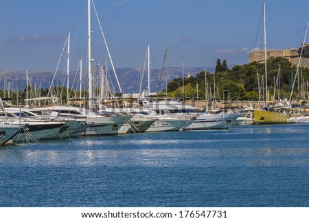 ANTIBES, FRANCE Ã¢Â?Â? AUGUST 30, 2012: Super yachts on the coast of Antibes. Antibes is a resort town in the Alps-Maritimes department in southeastern France between Cannes and Nice, Cote d\'Azur.