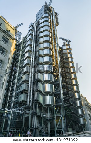 LONDON, UK - JUNE 03, 2013: View of Lloyd buildings (Inside - Out Building) at sunset - home of insurance institution Lloyd of London. Like Pompidou Centre in Paris was designed by Rogers (1986).