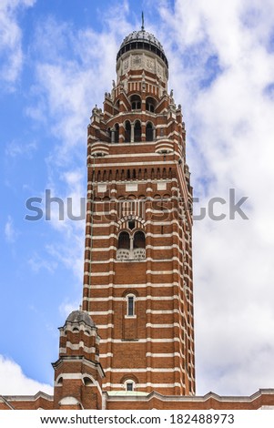 LONDON, UK - JUNE 2, 2013: Bell tower of Westminster Cathedral (1895 - 1903) - mother church of Catholic community in England & Wales and Metropolitan Church & Cathedral of Archbishop of Westminster.