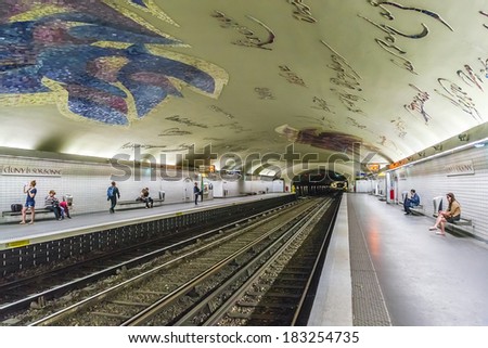 PARIS, FRANCE - MARCH 18, 2013: View of Cluny - La Sorbonne station, line 10 of Paris Metro, 5th arrondissement. It is heart of Latin Quarter Paris\' Left Bank. Station was opened on 15 February 1930.