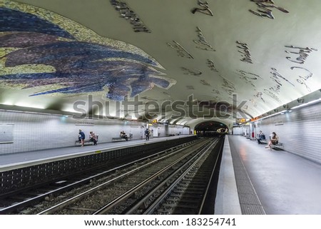 PARIS, FRANCE - MARCH 18, 2013: View of Cluny - La Sorbonne station, line 10 of Paris Metro, 5th arrondissement. It is heart of Latin Quarter Paris' Left Bank. Station was opened on 15 February 1930.