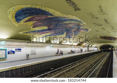 PARIS, FRANCE - MARCH 18, 2013: View of Cluny - La Sorbonne station, line 10 of Paris Metro, 5th arrondissement. It is heart of Latin Quarter Paris' Left Bank. Station was opened on 15 February 1930.