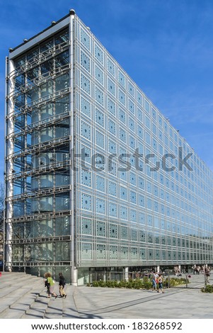 PARIS, FRANCE - MARCH 18, 2013: Arab World Institute (Institut du Monde Arabe) building. Institute - organization founded in Paris in 1980 by 18 Arab countries to research information about Arab world