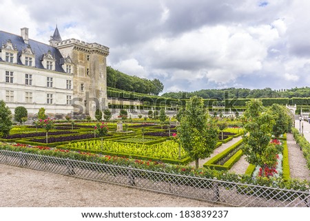 VILLANDRY, FRANCE - JULY 20, 2012: Traditional French garden. Ornamental Garden. Chateau de Villandry - castle-palace in department Indre-et-Loire, France. He is a world known for its amazing gardens.